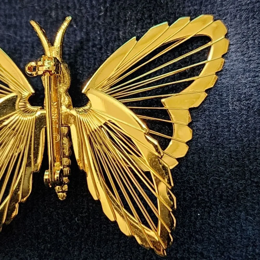 Monet Butterfly Brooch Pin Gold Tone Filigree Openwork Signed Costume Jewelry